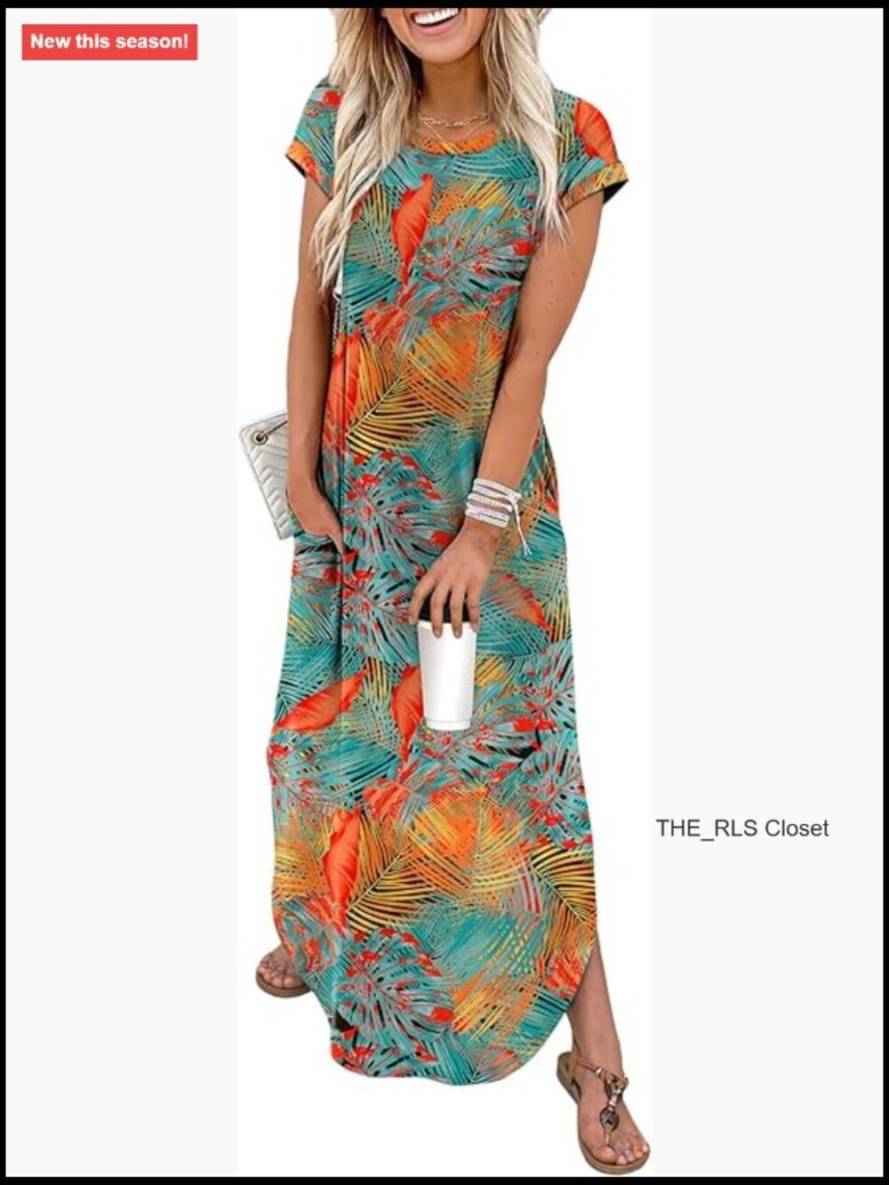 Cap Sleeve Crewneck Maxi Dress with Pockets Polyester Spandex Blend